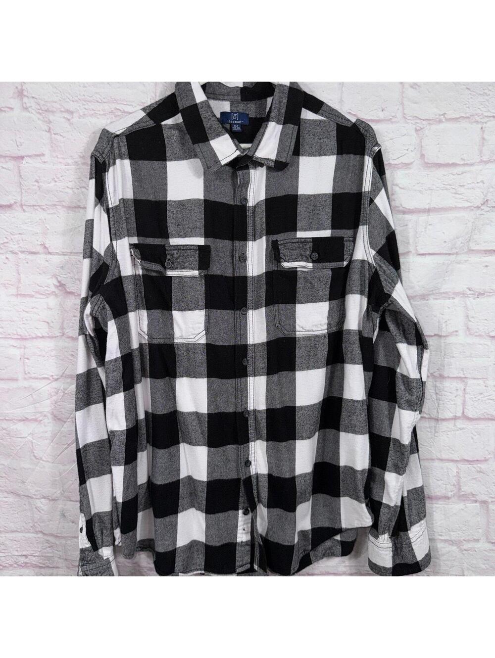 George Men's Black and White Plaid Flannel Shirt XLT